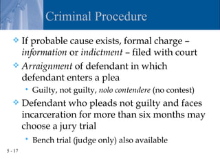 Criminal Procedure
    If probable cause exists, formal charge –
     information or indictment – filed with court
    Arraignment of defendant in which
     defendant enters a plea
            Guilty, not guilty, nolo contendere (no contest)
        Defendant who pleads not guilty and faces
         incarceration for more than six months may
         choose a jury trial
            Bench trial (judge only) also available
5 - 17
 