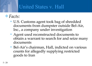 United States v. Hall
   Facts:
          U.S. Customs agent took bag of shredded
           documents from dumpster outside Bel-Air,
           Inc., a company under investigation
          Agent used reconstructed documents to
           obtain a warrant to search for and seize many
           documents
          Bel-Air’s chairman, Hall, indicted on various
           counts for allegedly supplying restricted
           goods to Iran
5 - 20
 