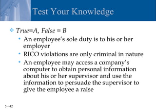 Test Your Knowledge
        True=A, False = B
          An employee’s sole duty is to his or her
           employer
          RICO violations are only criminal in nature
          An employee may access a company’s
           computer to obtain personal information
           about his or her supervisor and use the
           information to persuade the supervisor to
           give the employee a raise

5 - 42
 