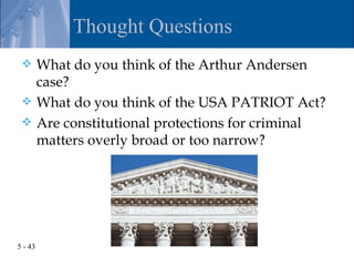 Thought Questions
  What do you think of the Arthur Andersen
   case?
  What do you think of the USA PATRIOT Act?
  Are constitutional protections for criminal
   matters overly broad or too narrow?




5 - 43
 