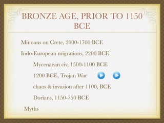 BRONZE AGE, PRIOR TO 1150
         BCE
Minoans on Crete, 2000-1700 BCE
Indo-European migrations, 2200 BCE
    Mycenaean civ, 1500-1100 BCE
    1200 BCE, Trojan War
    chaos & invasion after 1100, BCE
    Dorians, 1150-750 BCE
 Myths
 