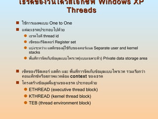 เธรดของวินโดวส์เอ็กซ์พี  Windows XP Threads ใช้การแมพแบบ  One to One  แต่ละเธรดประกอบไปด้วย  เธรดไอดี  thread id เซ็ตของรีจิสเตอร์  Register set แบ่งระหว่าง แสต็กของผู้ใช้กับของเคอร์แนล  Separate user and kernel stacks พื้นที่การจัดเก็บข้อมูลแบบไพรเวท ( แบบเฉพาะตัว )  Private data storage area เซ็ตของรีจีสเตอร์ แสต็ก และ พื้นที่การจัดเก็บข้อมูลแบบไพรเวท รวมเรียกว่าคอนเท็กซ์หรือสภาพแวดล้อม  context   ของเธรด  โครงสร้างข้อมูลพื้นฐานของเธรด ประกอบด้วย ETHREAD (executive thread block) KTHREAD (kernel thread block) TEB (thread environment block) 