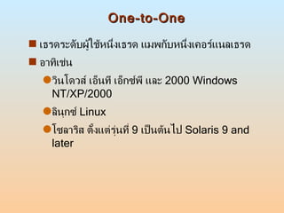 One-to-One เธรดระดับผู้ใช้หนึ่งเธรด แมพกับหนึ่งเคอร์แนลเธรด  อาทิเช่น  วินโดวส์ เอ็นที เอ็กซ์พี และ  2000 Windows NT/XP/2000 ลินุกซ์  Linux โซลาริส ตั้งแต่รุ่นที่  9  เป็นต้นไป  Solaris 9 and later 