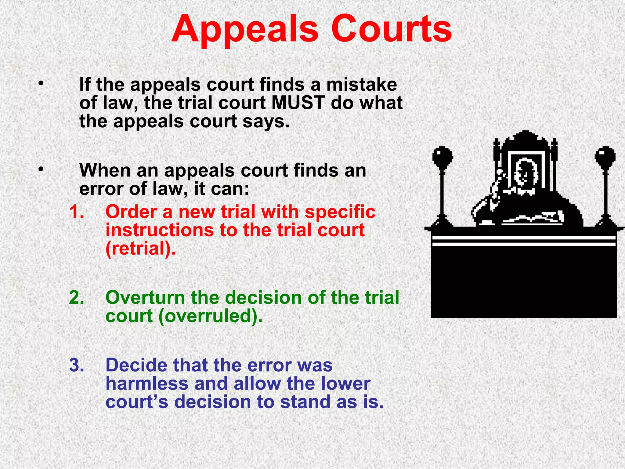 Appeals Courts
• If the appeals court finds a mistake
of law, the trial court MUST do what
the appeals court says.
• When an appeals court finds an
error of law, it can:
1. Order a new trial with specific
instructions to the trial court
(retrial).
2. Overturn the decision of the trial
court (overruled).
3. Decide that the error was
harmless and allow the lower
court’s decision to stand as is.
 