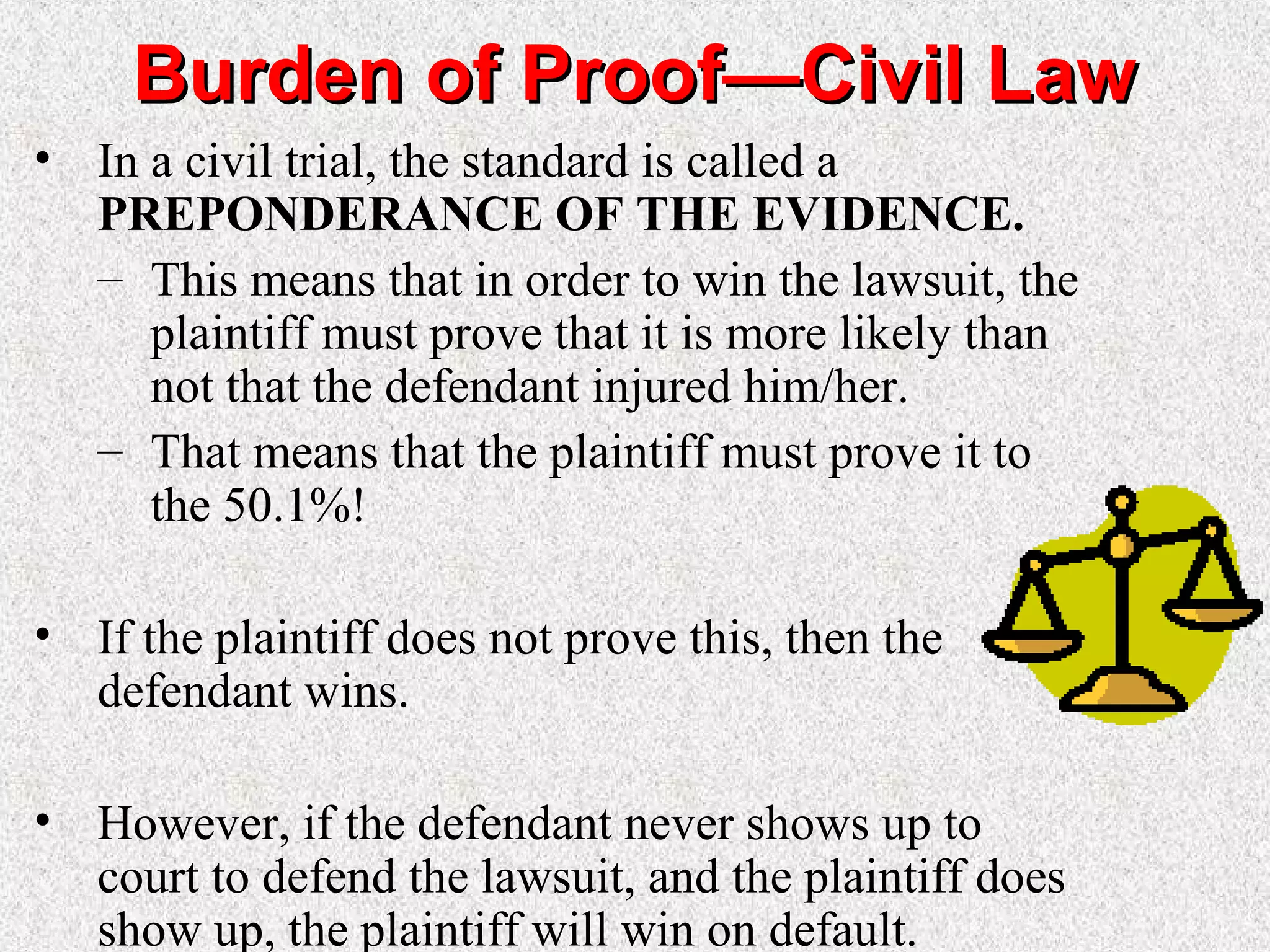 Burden of Proof—Civil LawBurden of Proof—Civil Law
• In a civil trial, the standard is called a
PREPONDERANCE OF THE EVIDENCE.
– This means that in order to win the lawsuit, the
plaintiff must prove that it is more likely than
not that the defendant injured him/her.
– That means that the plaintiff must prove it to
the 50.1%!
• If the plaintiff does not prove this, then the
defendant wins.
• However, if the defendant never shows up to
court to defend the lawsuit, and the plaintiff does
show up, the plaintiff will win on default.
 