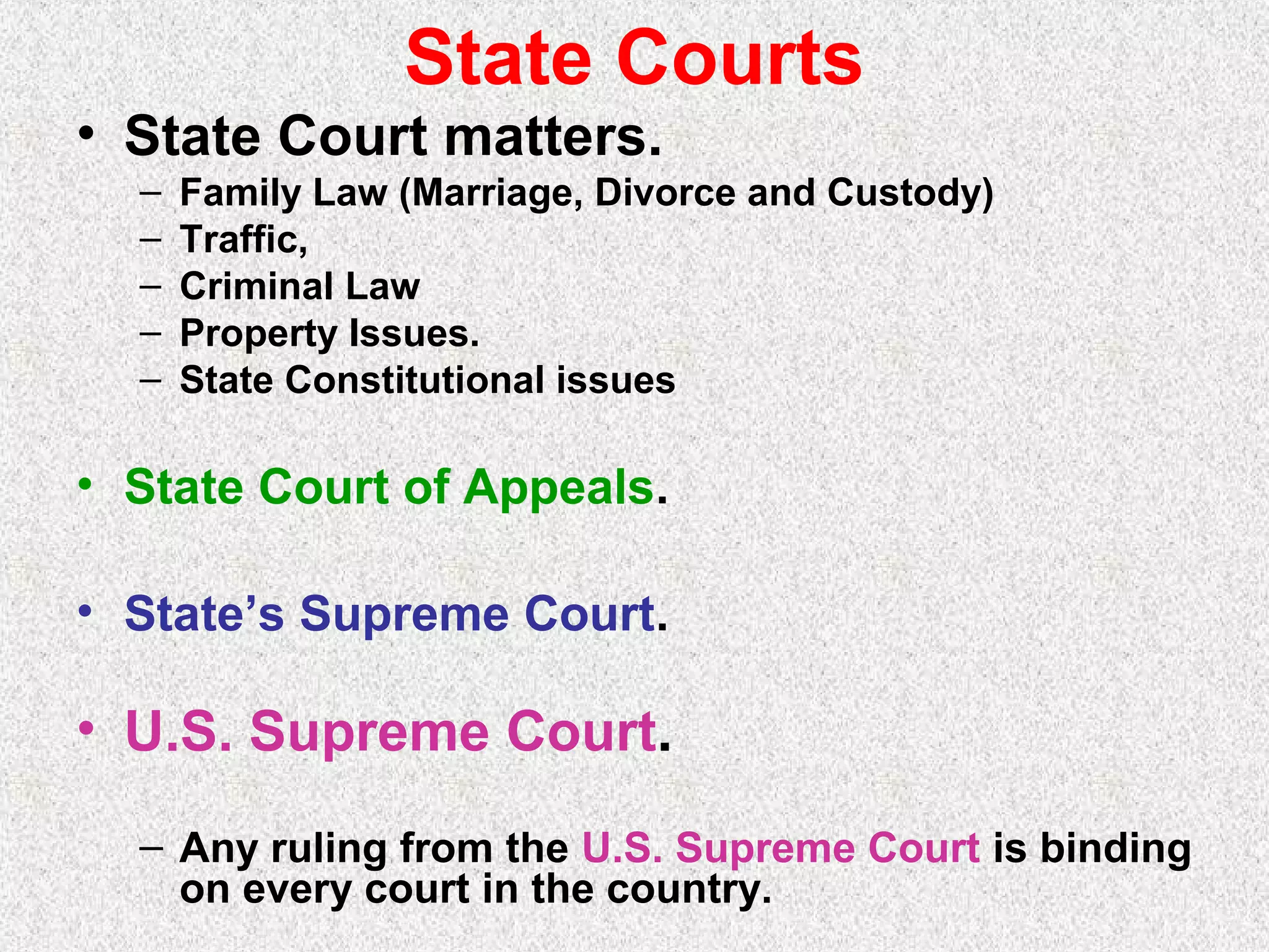 State Courts
• State Court matters.
– Family Law (Marriage, Divorce and Custody)
– Traffic,
– Criminal Law
– Property Issues.
– State Constitutional issues
• State Court of Appeals.
• State’s Supreme Court.
• U.S. Supreme Court.
– Any ruling from the U.S. Supreme Court is binding
on every court in the country.
 
