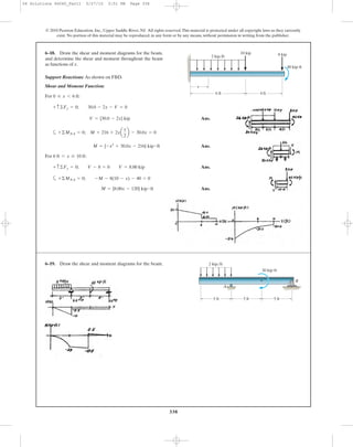 338
© 2010 Pearson Education, Inc., Upper Saddle River, NJ. All rights reserved.This material is protected under all copyright laws as they currently
exist. No portion of this material may be reproduced, in any form or by any means, without permission in writing from the publisher.
Support Reactions: As shown on FBD.
Shear and Moment Function:
For :
Ans.
a
Ans.
For :
Ans.
a
Ans.M = {8.00x - 120} kip # ft
+©MNA = 0; -M - 8(10 - x) - 40 = 0
+ c ©Fy = 0; V - 8 = 0 V = 8.00 kip
6 ft 6 x … 10 ft
M = {-x2
+ 30.0x - 216} kip # ft
+©MNA = 0; M + 216 + 2xa
x
2
b - 30.0x = 0
V = {30.0 - 2x} kip
+ c©Fy = 0; 30.0 - 2x - V = 0
0 … x 6 6 ft
6–18. Draw the shear and moment diagrams for the beam,
and determine the shear and moment throughout the beam
as functions of x.
6 ft 4 ft
2 kip/ft 8 kip
x
10 kip
40 kipиft
A
30 kipиft
B
5 ft 5 ft
2 kip/ft
5 ft
6–19. Draw the shear and moment diagrams for the beam.
06 Solutions 46060_Part1 5/27/10 3:51 PM Page 338
 