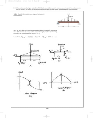 339
© 2010 Pearson Education, Inc., Upper Saddle River, NJ. All rights reserved.This material is protected under all copyright laws as they currently
exist. No portion of this material may be reproduced, in any form or by any means, without permission in writing from the publisher.
Since the area under the curved shear diagram can not be computed directly, the
value of the moment at will be computed using the method of sections. By
referring to the free-body diagram shown in Fig. b,
a Ans.+©M = 0; MΗx= 3 m +
1
2
(10)(3)(1) - 20(3) = 0 MΗx= 3m = 45 kN # m
x = 3 m
*6–20. Draw the shear and moment diagrams for the simply
supported beam.
10 kN
10 kN/m
3 m
A B
3 m
06 Solutions 46060_Part1 5/27/10 3:51 PM Page 339
 