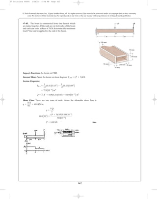 507
© 2010 Pearson Education, Inc., Upper Saddle River, NJ. All rights reserved.This material is protected under all copyright laws as they currently
exist. No portion of this material may be reproduced, in any form or by any means, without permission in writing from the publisher.
Support Reactions: As shown on FBD.
Internal Shear Force: As shown on shear diagram, .
Section Properties:
Shear Flow: There are two rows of nails. Hence the allowable shear flow is
.
Ans.P = 6.60 kN
60.0A103
B =
(P + 3)(103
)0.450(10-3
)
72.0(10-6
)
q =
VQ
I
q =
3(2)
0.1
= 60.0 kN>m
Q = y¿A¿ = 0.06(0.25)(0.03) = 0.450A10-3
B m3
= 72.0A10-6
B m4
INA =
1
12
(0.31)A0.153
B -
1
12
(0.25)A0.093
B
VAB = (P + 3) kN
•7–45. The beam is constructed from four boards which
are nailed together. If the nails are on both sides of the beam
and each can resist a shear of 3 kN, determine the maximum
load P that can be applied to the end of the beam.
P
2 m 2 m
3 kN
B CA
30 mm
30 mm
30 mm
100 mm
250 mm30 mm
150 mm
07 Solutions 46060 5/26/10 2:04 PM Page 507
 