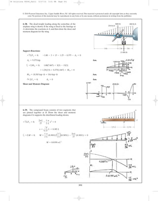 351
© 2010 Pearson Education, Inc., Upper Saddle River, NJ. All rights reserved.This material is protected under all copyright laws as they currently
exist. No portion of this material may be reproduced, in any form or by any means, without permission in writing from the publisher.
6–38. The dead-weight loading along the centerline of the
airplane wing is shown. If the wing is fixed to the fuselage at
A, determine the reactions at A, and then draw the shear and
moment diagram for the wing.
Support Reactions:
Ans.
a
Ans.
Ans.
Shear and Moment Diagram:
©Fx = 0; Ax = 0:+
MA = 18.583 kip # ft = 18.6 kip # ft
+ 1.25(2.5) + 0.375(1.667) + MA = 0
+©MA = 0; 1.00(7.667) + 3(5) - 15(3)
Ay = 9.375 kip
+ c©Fy = 0; -1.00 - 3 + 15 - 1.25 - 0.375 - Ay = 0
3 ft
400 lb/ft
250 lb/ft
3000 lb
15 000 lb
2 ft8 ft
A
6–39. The compound beam consists of two segments that
are pinned together at B. Draw the shear and moment
diagrams if it supports the distributed loading shown.
2/3 L
A
C
B
1/3 L
w
a
M = 0.0190 wL2
+©M = 0; M +
1
2
w
L
(0.385L)2
a
1
3
b(0.385L) -
2wL
27
(0.385L) = 0
x =
A
4
27
L = 0.385 L
+ c©Fy = 0;
2wL
27
-
1
2
w
L
x2
= 0
06 Solutions 46060_Part1 5/27/10 3:51 PM Page 351
 