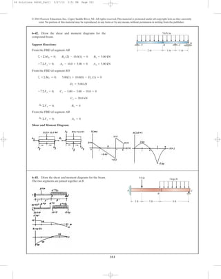 353
© 2010 Pearson Education, Inc., Upper Saddle River, NJ. All rights reserved.This material is protected under all copyright laws as they currently
exist. No portion of this material may be reproduced, in any form or by any means, without permission in writing from the publisher.
Support Reactions:
From the FBD of segment AB
a
From the FBD of segment BD
a
From the FBD of segment AB
Shear and Moment Diagram:
©Fx = 0; Ax = 0:+
©Fx = 0; Bx = 0:+
Cy = 20.0 kN
+ c©Fy = 0; Cy - 5.00 - 5.00 - 10.0 = 0
Dy = 5.00 kN
+©MC = 0; 5.00(1) + 10.0(0) - Dy (1) = 0
+ c©Fy = 0; Ay - 10.0 + 5.00 = 0 Ay = 5.00 kN
+©MA = 0; By (2) - 10.0(1) = 0 By = 5.00 kN
6–42. Draw the shear and moment diagrams for the
compound beam.
BA C
D
2 m 1 m 1 m
5 kN/m
A C
3 ft 8 ft
3 kip/ft
5 ft
B
8 kip6–43. Draw the shear and moment diagrams for the beam.
The two segments are joined together at B.
06 Solutions 46060_Part1 5/27/10 3:51 PM Page 353
 