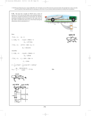 372
Boat:
a
Assembly:
a
Ans.smax =
Mc
I
=
3833.3(12)(1.5)
3.2676
= 21.1 ksi
I =
1
12
(1.75)(3)3
-
1
12
(1.5)(1.75)3
= 3.2676 in4
Cy = 230 lb
+ c©Fy = 0; Cy + 2070 - 2300 = 0
ND = 2070 lb
+©MC = 0; -ND(10) + 2300(9) = 0
By = 1022.22 lb
+ c ©Fy = 0; 1277.78 - 2300 + By = 0
NA = 1277.78 lb
+©MB = 0; -NA(9) + 2300(5) = 0
:+ ©Fx = 0; Bx = 0
6–74. The boat has a weight of 2300 lb and a center of
gravity at G. If it rests on the trailer at the smooth contact A
and can be considered pinned at B, determine the absolute
maximum bending stress developed in the main strut of
the trailer. Consider the strut to be a box-beam having the
dimensions shown and pinned at C.
© 2010 Pearson Education, Inc., Upper Saddle River, NJ. All rights reserved.This material is protected under all copyright laws as they currently
exist. No portion of this material may be reproduced, in any form or by any means, without permission in writing from the publisher.
1 ft
3 ft
D
A
B
C
1 ft
5 ft 4 ft
G
1.75 in.
3 in. 1.75 in.
1.5 in.
06 Solutions 46060_Part1 5/27/10 3:51 PM Page 372
 