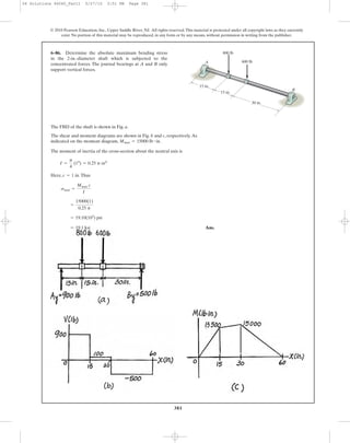 381
© 2010 Pearson Education, Inc., Upper Saddle River, NJ. All rights reserved.This material is protected under all copyright laws as they currently
exist. No portion of this material may be reproduced, in any form or by any means, without permission in writing from the publisher.
6–86. Determine the absolute maximum bending stress
in the 2-in.-diameter shaft which is subjected to the
concentrated forces. The journal bearings at A and B only
support vertical forces.
15 in.
15 in.
B
A
800 lb
30 in.
600 lb
The FBD of the shaft is shown in Fig. a.
The shear and moment diagrams are shown in Fig. b and c, respectively.As
indicated on the moment diagram, .
The moment of inertia of the cross-section about the neutral axis is
Here, .Thus
Ans.= 19.1 ksi
= 19.10(103
) psi
=
15000(1)
0.25 p
smax =
Mmax c
I
c = 1 in
I =
p
4
(14
) = 0.25 p in4
Mmax = 15000 lb # in
06 Solutions 46060_Part1 5/27/10 3:51 PM Page 381
 