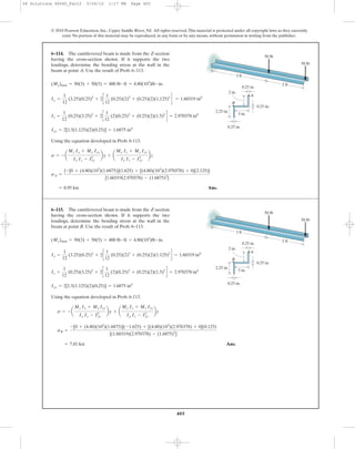 405
© 2010 Pearson Education, Inc., Upper Saddle River, NJ. All rights reserved.This material is protected under all copyright laws as they currently
exist. No portion of this material may be reproduced, in any form or by any means, without permission in writing from the publisher.
Using the equation developed in Prob. 6-113.
Ans.= 8.95 ksi
sA =
{-[0 + (4.80)(103
)(1.6875)](1.625) + [(4.80)(103
)(2.970378) + 0](2.125)}
[1.60319(2.970378) - (1.6875)2
]
s = - a
Mz Iy + My Iyz
Iy Iz - Iyz
2
by + a
My Iz + Mz Iyz
Iy Iz - Iyz
2
bz
Iyz = 2[1.5(1.125)(2)(0.25)] = 1.6875 in4
Iz =
1
12
(0.25)(3.25)3
+ 2c
1
12
(2)(0.25)3
+ (0.25)(2)(1.5)2
d = 2.970378 in4
Iy =
1
12
(3.25)(0.25)3
+ 2c
1
12
(0.25)(2)3
+ (0.25)(2)(1.125)2
d = 1.60319 in4
(My)max = 50(3) + 50(5) = 400 lb # ft = 4.80(103
)lb # in.
6–114. The cantilevered beam is made from the Z-section
having the cross-section shown. If it supports the two
loadings, determine the bending stress at the wall in the
beam at point A. Use the result of Prob. 6–113.
2 ft
50 lb
50 lb
3 ft
3 in.
0.25 in.
0.25 in.
0.25 in.
2.25 in.
2 in.
A
B
Using the equation developed in Prob. 6-113.
Ans.= 7.81 ksi
sB =
-[0 + (4.80)(103
)(1.6875)](-1.625) + [(4.80)(103
)(2.976378) + 0](0.125)
[(1.60319)(2.970378) - (1.6875)2
]
s = - a
Mz Iy + My Iyz
Iy Iz - Iyz
2
by + a
My Iz + Mz Iyz
Iy Iz - Iyz
2
bz
Iyz = 2[1.5(1.125)(2)(0.25)] = 1.6875 in4
Iz =
1
12
(0.25)(3.25)3
+ 2c
1
12
(2)(0.25)3
+ (0.25)(2)(1.5)2
d = 2.970378 in4
Iy =
1
12
(3.25)(0.25)3
+ 2c
1
12
(0.25)(2)3
+ (0.25)(2)(1.125)2
d = 1.60319 in4
(My)max = 50(3) + 50(5) = 400 lb # ft = 4.80(103
)lb # in.
6–115. The cantilevered beam is made from the Z-section
having the cross-section shown. If it supports the two
loadings, determine the bending stress at the wall in the
beam at point B. Use the result of Prob. 6–113.
2 ft
50 lb
50 lb
3 ft
3 in.
0.25 in.
0.25 in.
0.25 in.
2.25 in.
2 in.
A
B
06 Solutions 46060_Part2 5/26/10 1:17 PM Page 405
 
