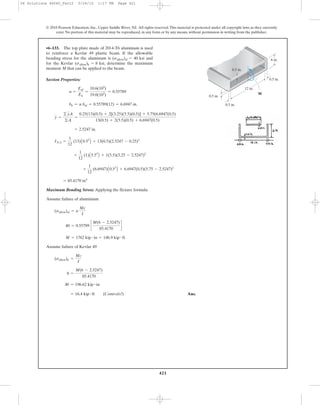 421
© 2010 Pearson Education, Inc., Upper Saddle River, NJ. All rights reserved.This material is protected under all copyright laws as they currently
exist. No portion of this material may be reproduced, in any form or by any means, without permission in writing from the publisher.
Section Properties:
Maximum Bending Stress: Applying the flexure formula
Assume failure of aluminium
Assume failure of Kevlar 49
Ans.= 16.4 kip # ft (Controls!)
M = 196.62 kip # in
8 =
M(6 - 2.5247)
85.4170
(sallow)k =
Mc
I
M = 1762 kip # in = 146.9 kip # ft
40 = 0.55789 c
M(6 - 2.5247)
85.4170
d
(sallow)al = n
Mc
I
= 85.4170 in4
+
1
12
(6.6947)A0.53
B + 6.6947(0.5)(5.75 - 2.5247)2
+
1
12
(1)A5.53
B + 1(5.5)(3.25 - 2.5247)2
INA =
1
12
(13)A0.53
B + 13(0.5)(2.5247 - 0.25)2
= 2.5247 in.
y =
© yA
©A
=
0.25(13)(0.5) + 2[(3.25)(5.5)(0.5)] + 5.75(6.6947(0.5)
13(0.5) + 2(5.5)(0.5) + 6.6947(0.5)
bk = n bal = 0.55789(12) = 6.6947 in.
n =
Eal
Ek
=
10.6(103
)
19.0(103
)
= 0.55789
•6–133. The top plate made of 2014-T6 aluminum is used
to reinforce a Kevlar 49 plastic beam. If the allowable
bending stress for the aluminum is and
for the Kevlar , determine the maximum
moment M that can be applied to the beam.
(sallow)k = 8 ksi
(sallow)al = 40 ksi
0.5 in.
6 in.
0.5 in.
0.5 in.
12 in.
M
0.5 in.
06 Solutions 46060_Part2 5/26/10 1:17 PM Page 421
 