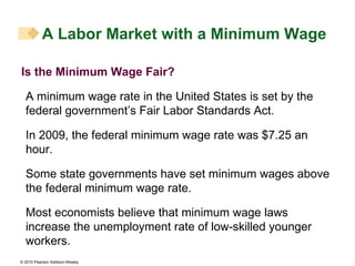 Is the Minimum Wage Fair? A minimum wage rate in the United States is set by the federal government’s Fair Labor Standards Act. In 2009, the federal minimum wage rate was $7.25 an hour. Some state governments have set minimum wages above the federal minimum wage rate. Most economists believe that minimum wage laws increase the unemployment rate of low-skilled younger workers. A Labor Market with a Minimum Wage 