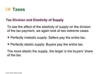 Tax Division and Elasticity of Supply To see the effect of the elasticity of supply on the division of the tax payment, we again look at two extreme cases. Perfectly inelastic supply: Sellers pay the entire tax. Perfectly elastic supply: Buyers pay the entire tax. The more elastic the supply, the larger is the buyers’ share of the tax. Taxes 