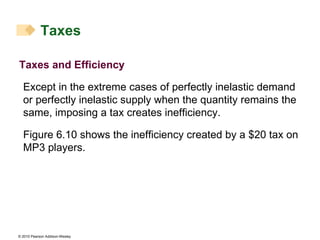 Taxes and Efficiency Except in the extreme cases of perfectly inelastic demand or perfectly inelastic supply when the quantity remains the same, imposing a tax creates inefficiency. Figure 6.10 shows the inefficiency created by a $20 tax on MP3 players. Taxes 
