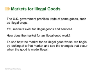 Markets for Illegal Goods The U.S. government prohibits trade of some goods, such as illegal drugs. Yet, markets exist for illegal goods and services. How does the market for an illegal good work? To see how the market for an illegal good works, we begin by looking at a free market and see the changes that occur when the good is made illegal. 