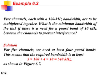 Five channels, each with a 100-kHz bandwidth, are to be multiplexed together. What is the minimum bandwidth of the link if there is a need for a guard band of 10 kHz between the channels to prevent interference? Solution For five channels, we need at least four guard bands. This means that the required bandwidth is at least  5 × 100 + 4 × 10 = 540 kHz,   as shown in Figure 6.7. Example 6.2 