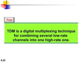TDM is a digital multiplexing technique for combining several low-rate  channels into one high-rate one. Note 