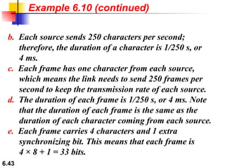 b.   Each source sends 250 characters per second; therefore, the duration of a character is 1/250 s, or  4 ms. c.   Each frame has one character from each source, which means the link needs to send 250 frames per second to keep the transmission rate of each source. d.   The duration of each frame is 1/250 s, or 4 ms. Note that the duration of each frame is the same as the duration of each character coming from each source. e.   Each frame carries 4 characters and 1 extra synchronizing bit. This means that each frame is  4 × 8 + 1 = 33 bits. Example 6.10 (continued) 