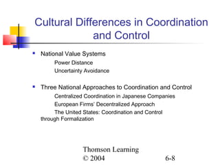 Thomson Learning
© 2004 6-8
Cultural Differences in Coordination
and Control
 National Value Systems
Power Distance
Uncertainty Avoidance
 Three National Approaches to Coordination and Control
Centralized Coordination in Japanese Companies
European Firms’ Decentralized Approach
The United States: Coordination and Control
through Formalization
 