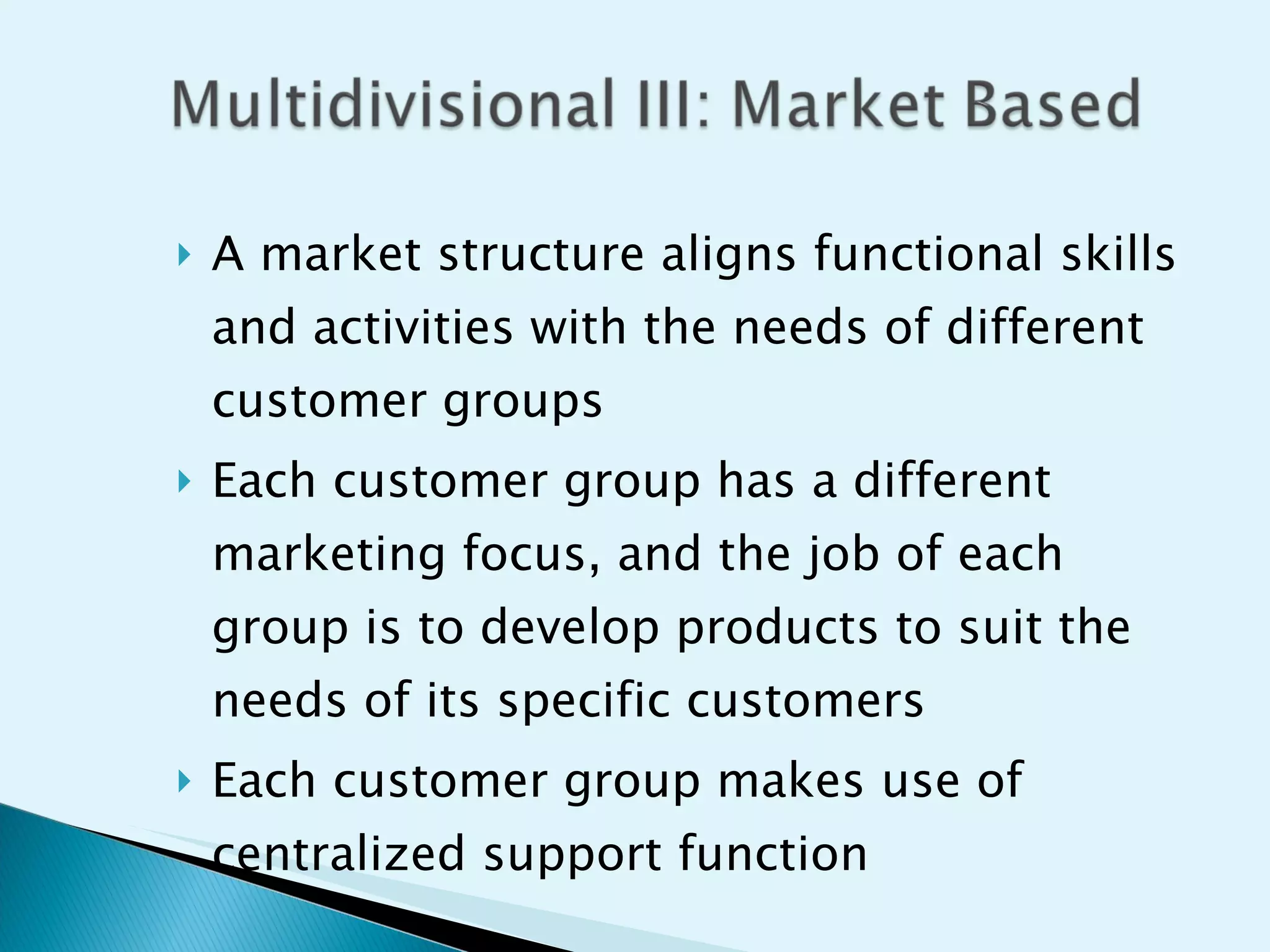 A market structure aligns functional skills and activities with the needs of different customer groups Each customer group has a different marketing focus, and the job of each group is to develop products to suit the needs of its specific customers Each customer group makes use of centralized support function 