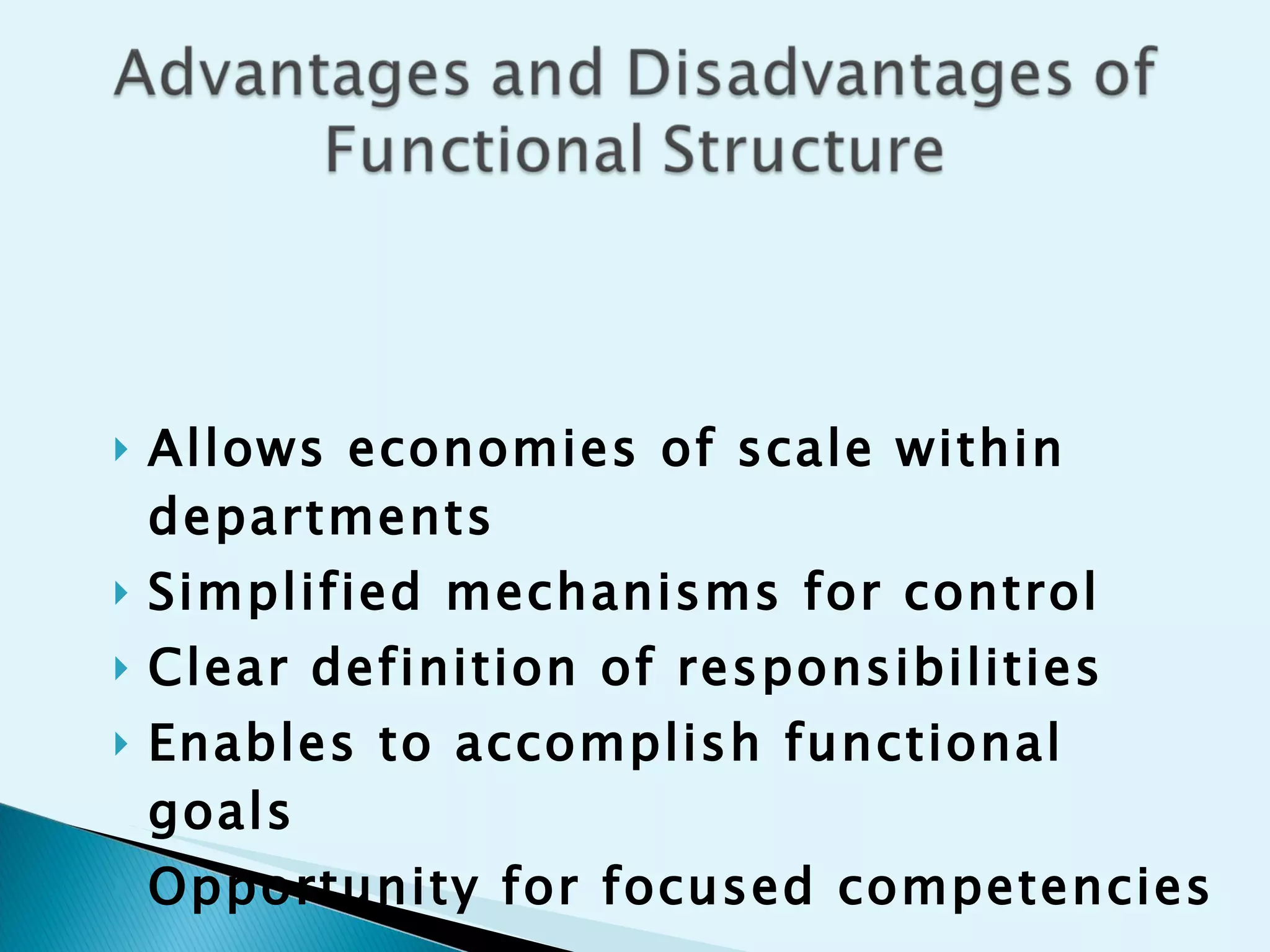 Allows economies of scale within departments Simplified mechanisms for control Clear definition of responsibilities Enables to accomplish functional goals Opportunity for focused competencies   
