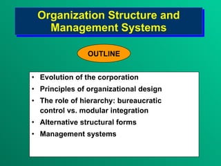 Organization Structure and Management Systems ,[object Object],[object Object],[object Object],[object Object],[object Object],[object Object],OUTLINE 