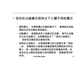 至於在分組模式則有以下三種不同的層次： 課程層次： 在課程層次定義的模式下， 會預設成為該課程內所有活動的預設模式。 活動層次： 每個能採用小組模式的活動， 都可以定義自己的分組模式。如果課程設定了「強制小組模式」， 則針對活動的設定會被忽略。 強制的分組模式： 如果課程層次的分組模式是「強制」的， 則課程的分組模式將會被應用到課程的所有活動上。每一個活動的分組模式的設定將會被忽略。如果為完全分開的班級建立相同課程時， 這個選項非常有用。 數位學習觀念與實作 