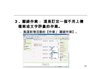 3 .  離線作業： 這是訂定一個不用上傳檔案或文字評量的作業。 點選新增活動的【作業 /  離線作業】。 數位學習觀念與實作 