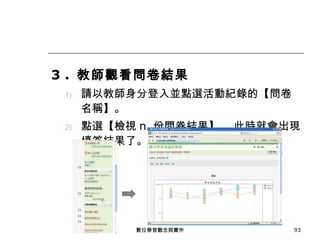 3 .  教師觀看問卷結果 請以教師身分登入並點選活動紀錄的【問卷名稱】。 點選【檢視 n  份問卷結果】， 此時就會出現填答結果了。 數位學習觀念與實作 