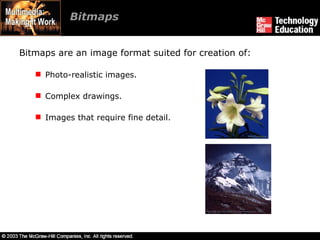 Bitmaps  Bitmaps are an image format suited for creation of: Photo-realistic images. Complex drawings. Images that require fine detail. 