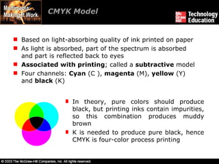 CMYK Model Based on light-absorbing quality of ink printed on paper As light is absorbed, part of the spectrum is absorbed and part is reflected back to eyes Associated with printing ; called a  subtractive  model Four channels:  Cyan  (C ),  magenta  (M),  yellow  (Y) and  black  (K) In theory, pure colors should produce black, but printing inks contain impurities, so this combination produces muddy brown K is needed to produce pure black, hence CMYK is four-color process printing 