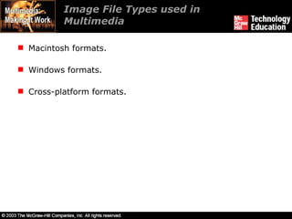 Image File Types used in Multimedia  Macintosh formats. Windows formats. Cross-platform formats. 