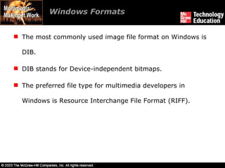 Windows Formats The most commonly used image file format on Windows is DIB. DIB stands for Device-independent bitmaps. The preferred file type for multimedia developers in Windows is Resource Interchange File Format (RIFF). 
