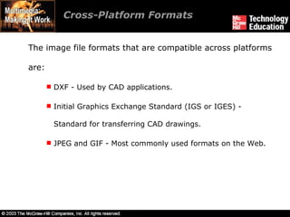 Cross-Platform Formats The image file formats that are compatible across platforms are: DXF - Used by CAD applications. Initial Graphics Exchange Standard (IGS or IGES) - Standard for transferring CAD drawings.  JPEG and GIF - Most commonly used formats on the Web. 