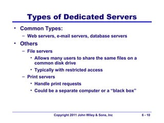 Types of Dedicated Servers
• Common Types:
  – Web servers, e-mail servers, database servers
• Others
  – File servers
     • Allows many users to share the same files on a
        common disk drive
     • Typically with restricted access
  – Print servers
     • Handle print requests
     • Could be a separate computer or a “black box”




                Copyright 2011 John Wiley & Sons, Inc   6 - 10
 