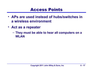 Access Points
• APs are used instead of hubs/switches in
  a wireless environment
• Act as a repeater
  – They must be able to hear all computers on a
    WLAN




             Copyright 2011 John Wiley & Sons, Inc   6 - 17
 