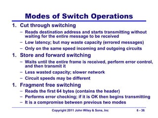 Modes of Switch Operations
1. Cut through switching
   – Reads destination address and starts transmitting without
     waiting for the entire message to be received
   – Low latency; but may waste capacity (errored messages)
   – Only on the same speed incoming and outgoing circuits
1. Store and forward switching
   – Waits until the entire frame is received, perform error control,
     and then transmit it
   – Less wasted capacity; slower network
   – Circuit speeds may be different
1. Fragment free switching
   – Reads the first 64 bytes (contains the header)
   – Performs error checking; if it is OK then begins transmitting
   – It is a compromise between previous two modes
                  Copyright 2011 John Wiley & Sons, Inc     6 - 36
 
