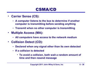 CSMA/CD
• Carrier Sense (CS):
   – A computer listens to the bus to determine if another
     computer is transmitting before sending anything
   – Transmit when no other computer is transmitting
• Multiple Access (MA):
   – All computers have access to the network medium
• Collision Detect (CD):
   – Declared when any signal other than its own detected
   – If a collision is detected
       • To avoid a collision, both wait a random amount of
         time and then resend message

                  Copyright 2011 John Wiley & Sons, Inc   6 - 38
 