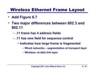 Wireless Ethernet Frame Layout
• Add Figure 6.7
• Two major differences between 802.3 and
  802.11
  – .11 frame has 4 address fields
  – .11 has new field for sequence control
     • Indicates how large frame is fragmented
        – Wired networks – segmentation at transport layer
        – Wireless- at data link layer




               Copyright 2011 John Wiley & Sons, Inc   6 - 51
 