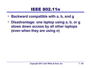 IEEE 802.11n
• Backward compatible with a, b, and g
• Disadvantage: one laptop using a, b, or g
  slows down access by all other laptops
  (even when they are using n)




             Copyright 2011 John Wiley & Sons, Inc   7 - 54
 