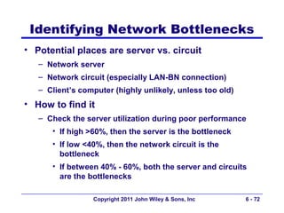 Identifying Network Bottlenecks
• Potential places are server vs. circuit
   – Network server
   – Network circuit (especially LAN-BN connection)
   – Client’s computer (highly unlikely, unless too old)
• How to find it
   – Check the server utilization during poor performance
      • If high >60%, then the server is the bottleneck
      • If low <40%, then the network circuit is the
        bottleneck
      • If between 40% - 60%, both the server and circuits
        are the bottlenecks

                 Copyright 2011 John Wiley & Sons, Inc     6 - 72
 