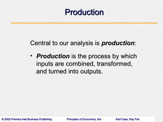 Production


                      Central to our analysis is production:

                      • Production is the process by which
                        inputs are combined, transformed,
                        and turned into outputs.




© 2002 Prentice Hall Business Publishing   Principles of Economics, 6/e   Karl Case, Ray Fair
 