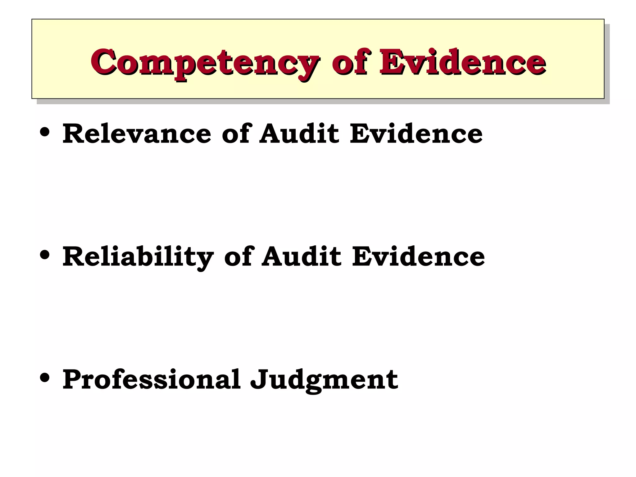 Competency of Evidence
Competency of Evidence
• Relevance of Audit Evidence

• Reliability of Audit Evidence

• Professional Judgment

 