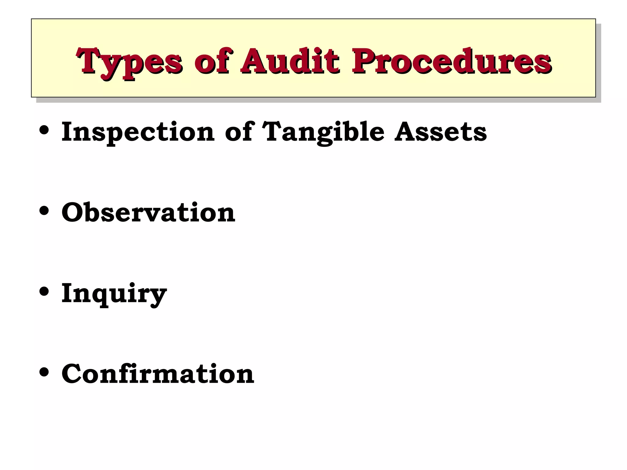 Types of Audit Procedures
Types of Audit Procedures
• Inspection of Tangible Assets
• Observation
• Inquiry
• Confirmation

 