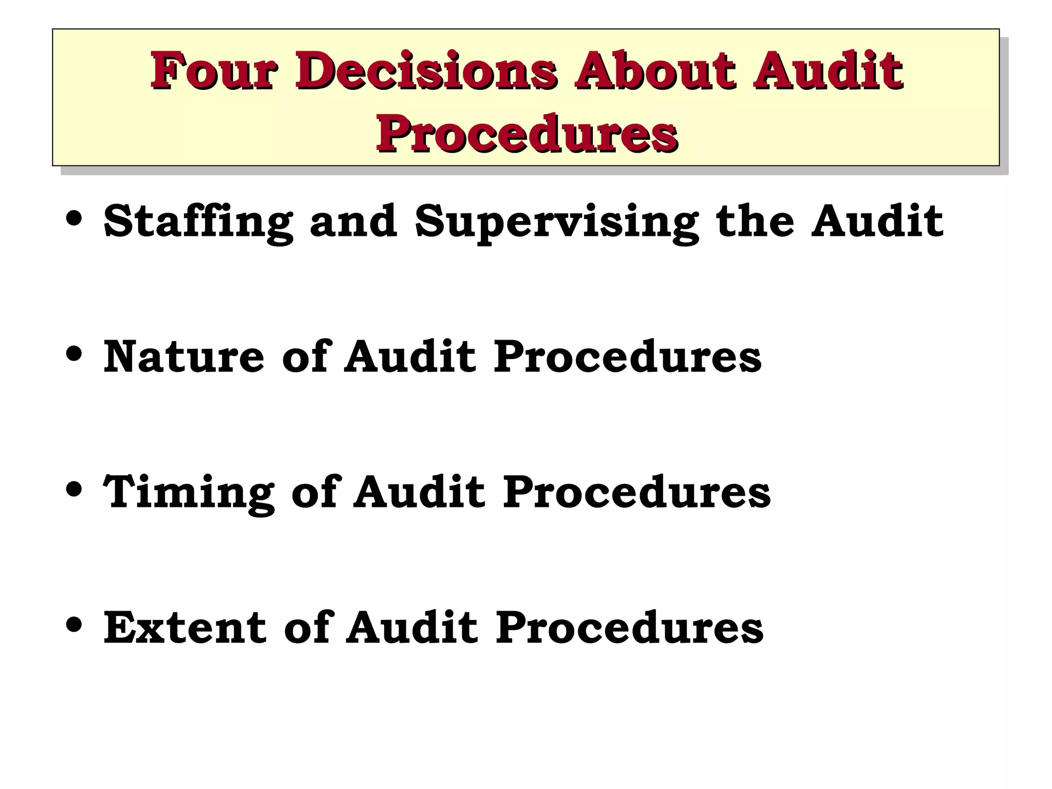 Four Decisions About Audit
Four Decisions About Audit
Procedures
Procedures
• Staffing and Supervising the Audit
• Nature of Audit Procedures
• Timing of Audit Procedures
• Extent of Audit Procedures

 
