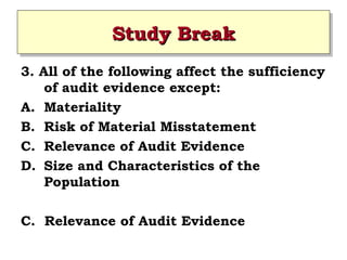 Study Break
Study Break
3. All of the following affect the sufficiency
of audit evidence except:
A. Materiality
B. Risk of Material Misstatement
C. Relevance of Audit Evidence
D. Size and Characteristics of the
Population
C. Relevance of Audit Evidence

 